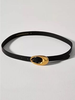Anthropologie oval gold buckle black leather skinny belt Sz S
